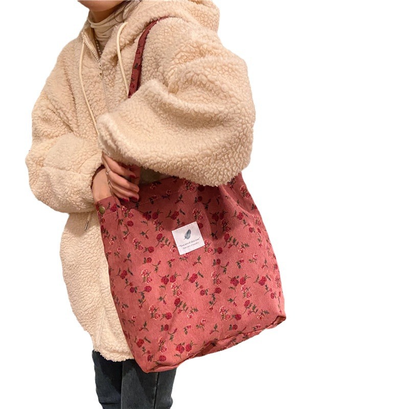 012174 Wholesale Korean-style corduroy four-button women's bags, large-capacity artistic single-shoulder bags, student shopping bags for women Item Picture