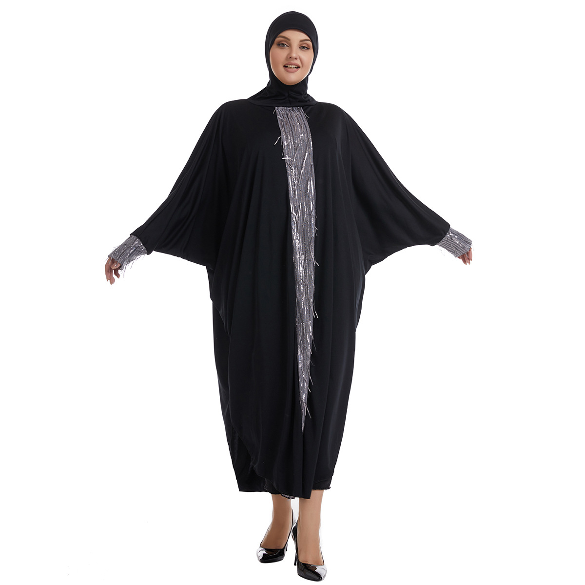 Factory stock of oversized women's long gowns, versatile and fashionable women's wear, solid color hooded half-body abaya Middle Eastern dress, long gown women's style hooded Muslin Item Picture