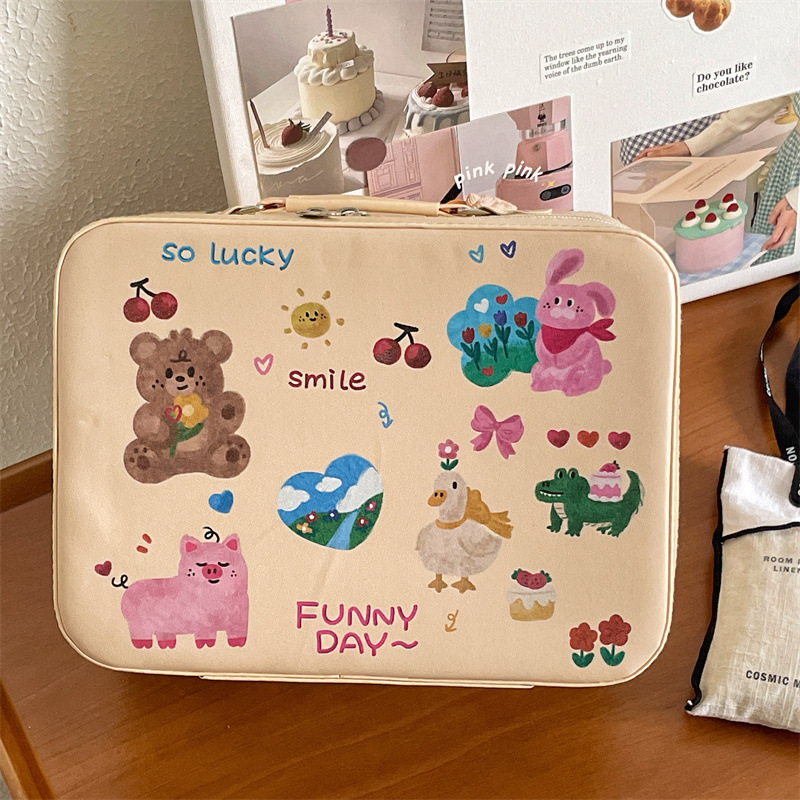 2023 Self-made 3D makeup box, large capacity with mirror, portable and cute cartoon storage box, travel toiletry bag details Picture
