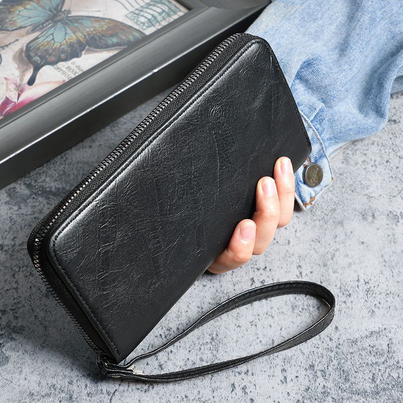 Genuine men's long wallet, zipper phone case, soft and thin multi-functional business multi-slot coin purse, retro wallet full figure