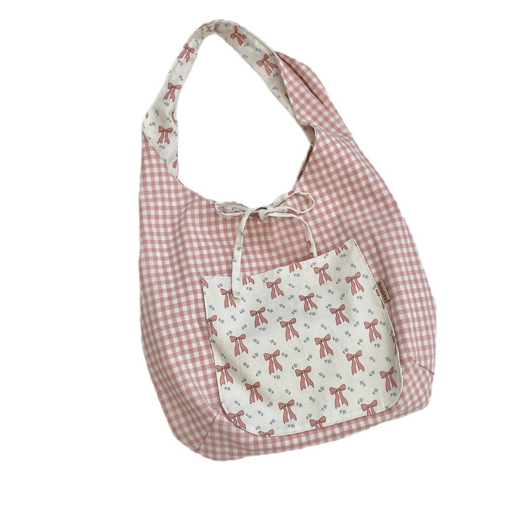 5591 Korean-style floral checkered tie bow single-shoulder bag for spring and summer casual travel, large-capacity tote bag Item Picture