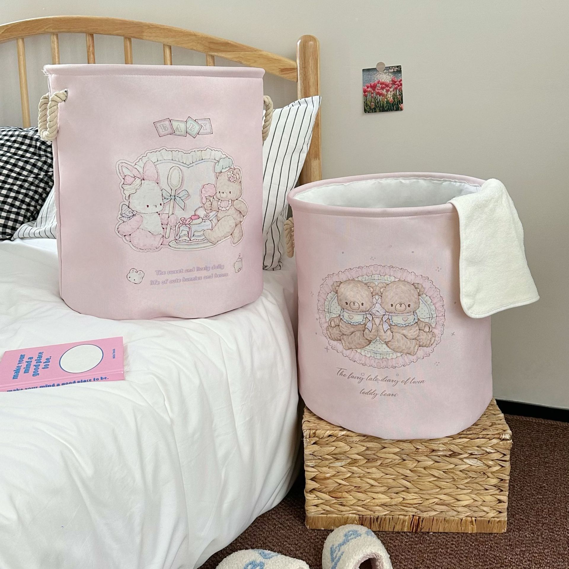 Girlish cartoon bear dirty clothes basket, large-capacity clothes storage basket, household foldable plush toy storage bucket full figure
