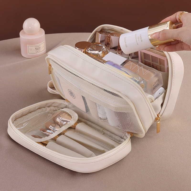 Cross-border light luxury high-end 2024 new double-layer portable cosmetics storage bag with large capacity and zoned storage for makeup bags details Picture