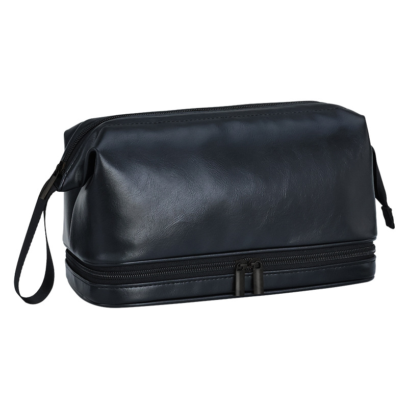 Cross-border PU men's toiletries bag with British style, high appearance level, double-layer large-capacity portable hand-held cosmetics storage bag Item Picture