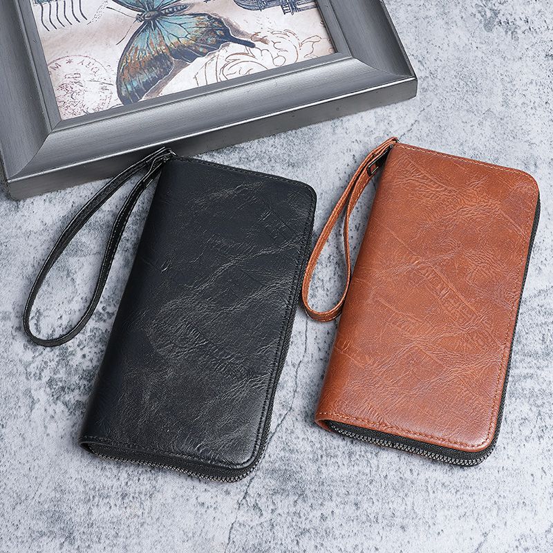 Genuine men's long wallet, zipper phone case, soft and thin multi-functional business multi-slot coin purse, retro wallet Specification drawing