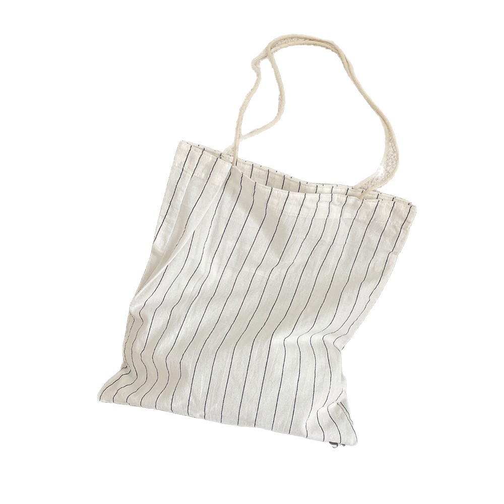 56143 striped simple canvas bag, artistic and fresh single-shoulder bag, large-capacity commuting hand-held bag, student class bag Item Picture