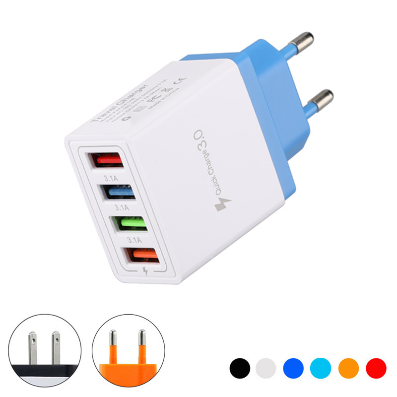 4usb charger, multi-port 3A fast charging head, intelligent qc3.0 mobile phone charger, British, American and European standard charging heads full figure