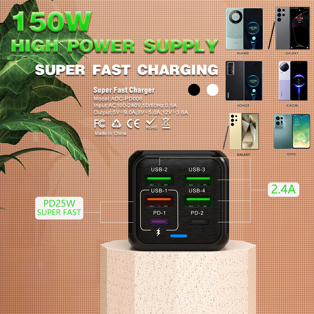 New cross-border mobile phone charger: 150W charging head, 4USB+2PD multi-port fast charging mobile phone charger, 5V 2.4A Specification drawing