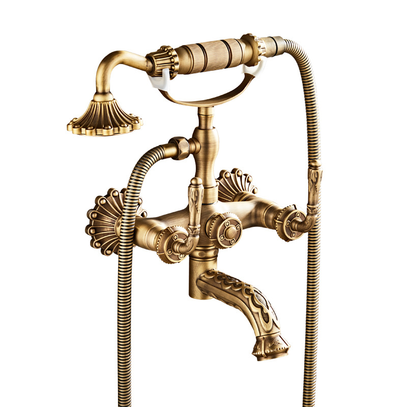 All-copper retro simple showerhead, European-style carved bathtub showerhead, cold and hot water mixing valve, bathroom handheld small showerhead set Item Picture