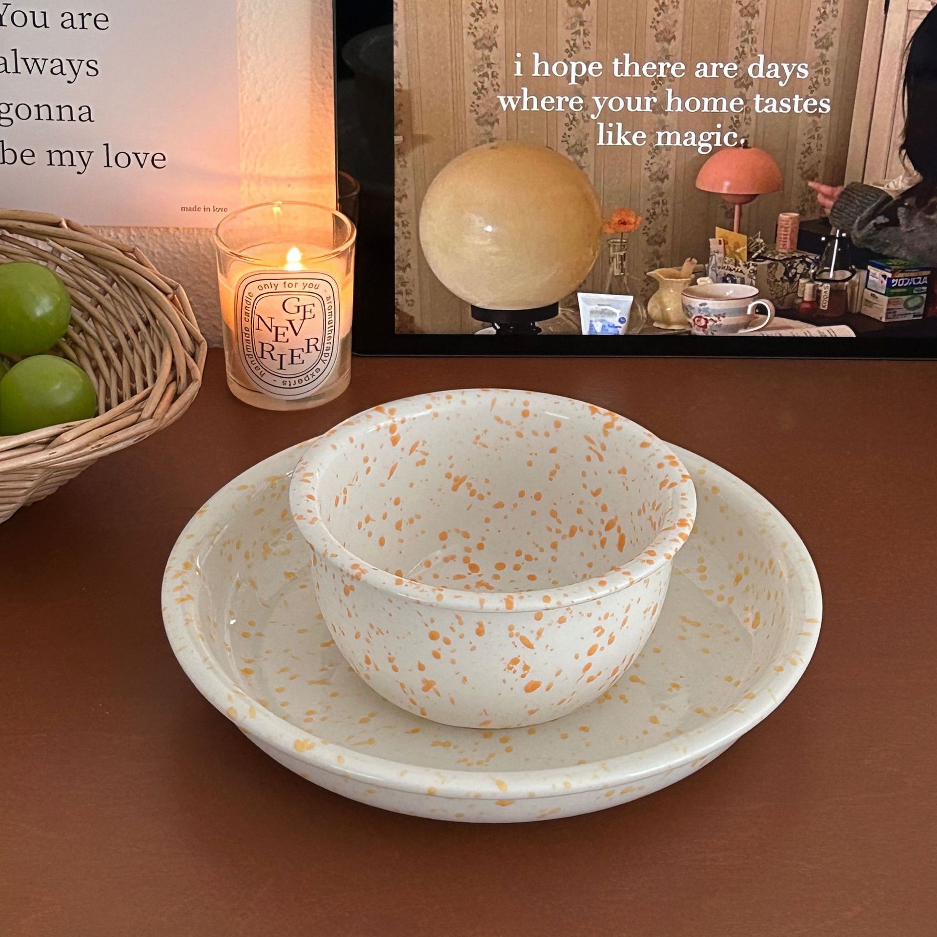 Ins-style splashed ink bowl and plate set, high-end retro ceramic breakfast plate, Western steak plate, salad bowl, oat bowl Application Scenario