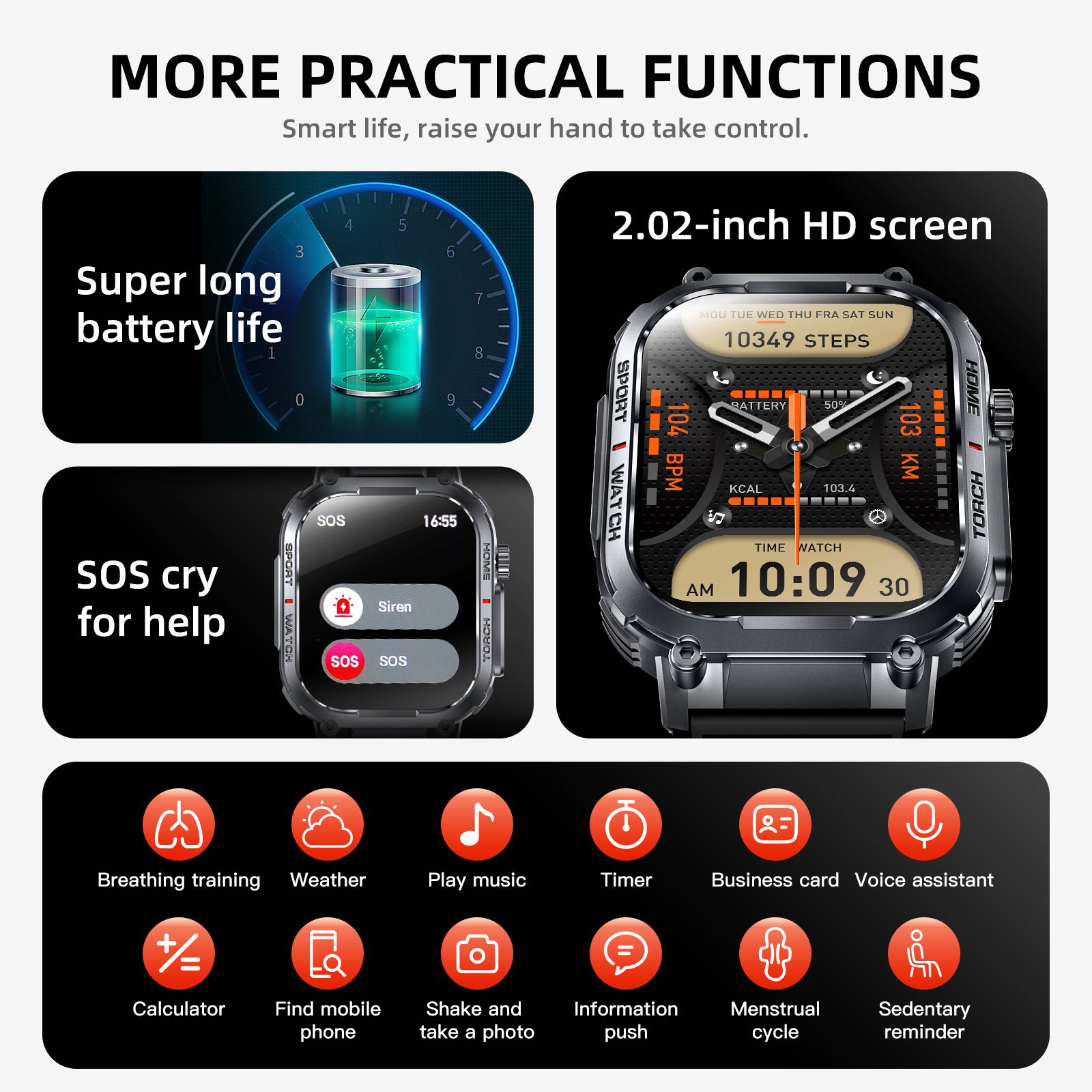 The new outdoor sports smartwatch S320B features Bluetooth communication and is water-resistant with a compass and 3ATM Specification drawing