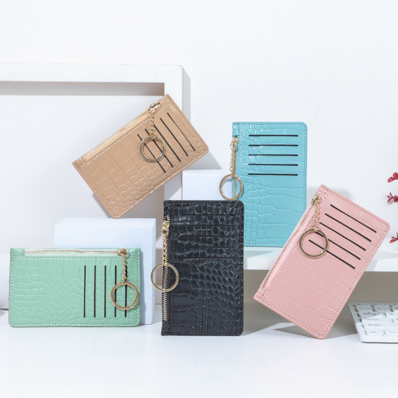 New crocodile-patterned women's card holder, card case, coin purse, and women's bag with multiple zippers and slots, featuring the company LOGO full figure