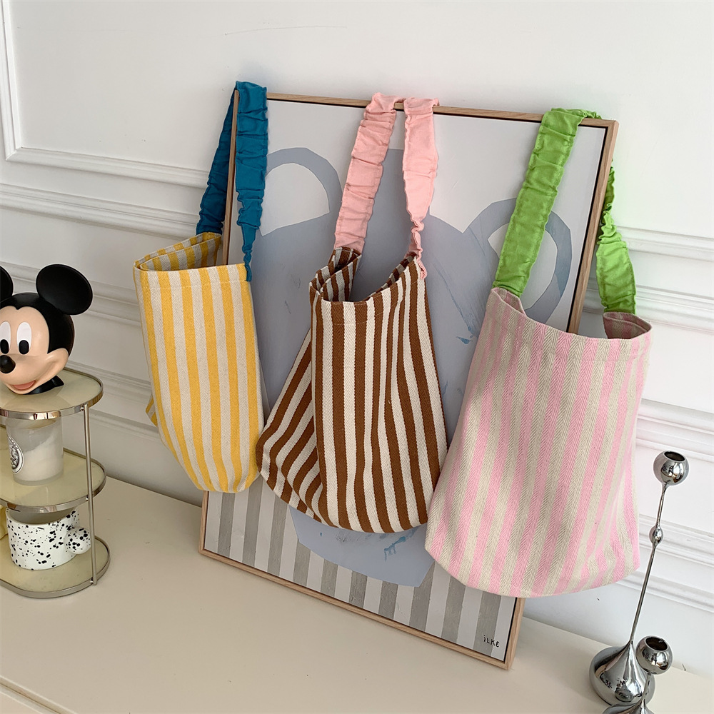 38171 Summer fresh and simple single-shoulder canvas bag, new color contrast striped large-capacity pleated shoulder strap tote bag full figure