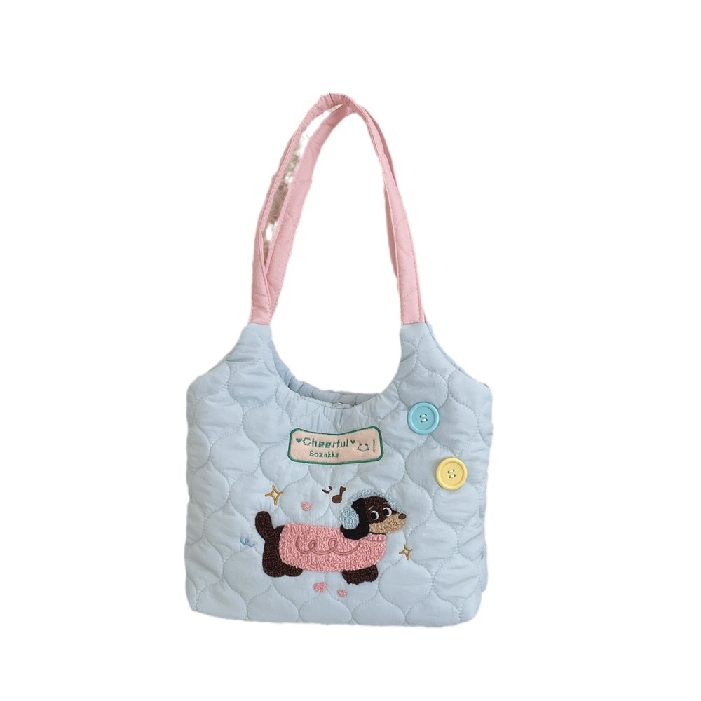 411231 Laid-back style student class backpack, cute embroidered puppy color-blocking single-shoulder bag, large-capacity tote bag Item Picture