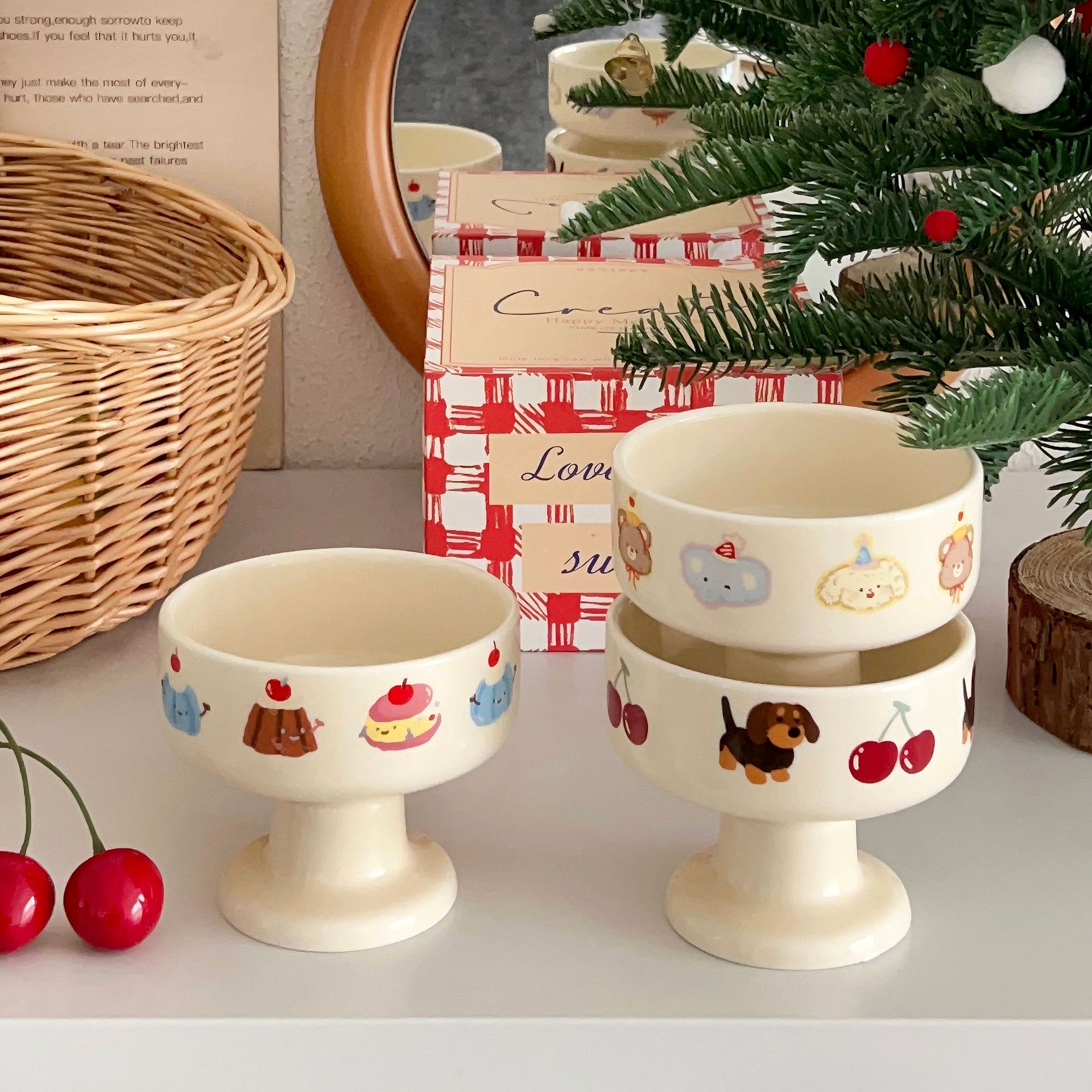 Cute ~ InS-style Korean cream ceramic highball cup, cartoon matte ice cream bowl, home fruit salad bowl full figure