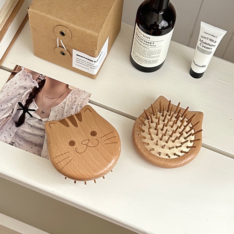 Mini and cute cat airbag comb, small beech wood portable round comb, massage scalp and hair care comb, portable wooden comb for women details Picture