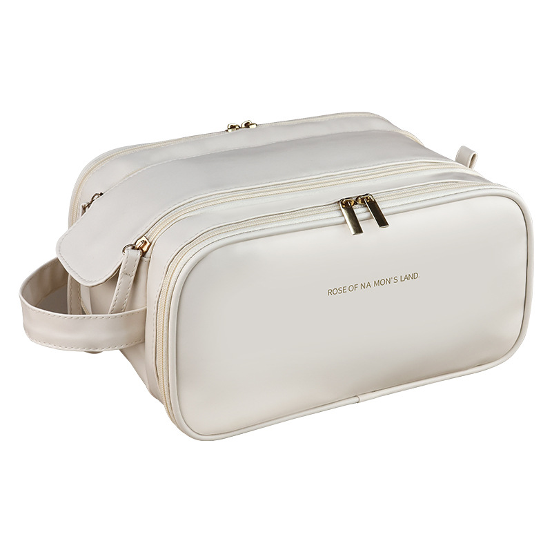 New portable three-layer double-zipper storage bag for PU hand-held makeup, cosmetic storage bag, travel toiletries bag Item Picture