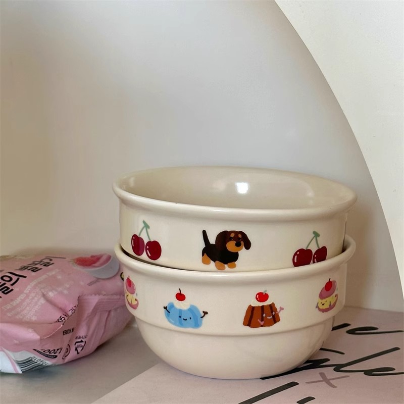 Cartoon cream hand-painted rice bowl ceramic tableware, high appearance level, household dessert bowl, yogurt salad bowl, household rice bowl Specification drawing