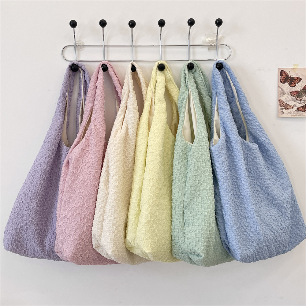 53241 Gentle solid color pleated summer new stylish Casual large-capacity single-shoulder tote canvas bag for women details Picture