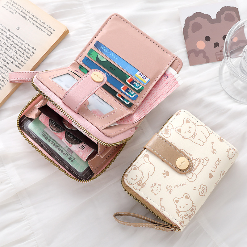A simple and cute little cat Japanese-style ladies' buckle pocket, a portable multi-functional short wallet for women full figure