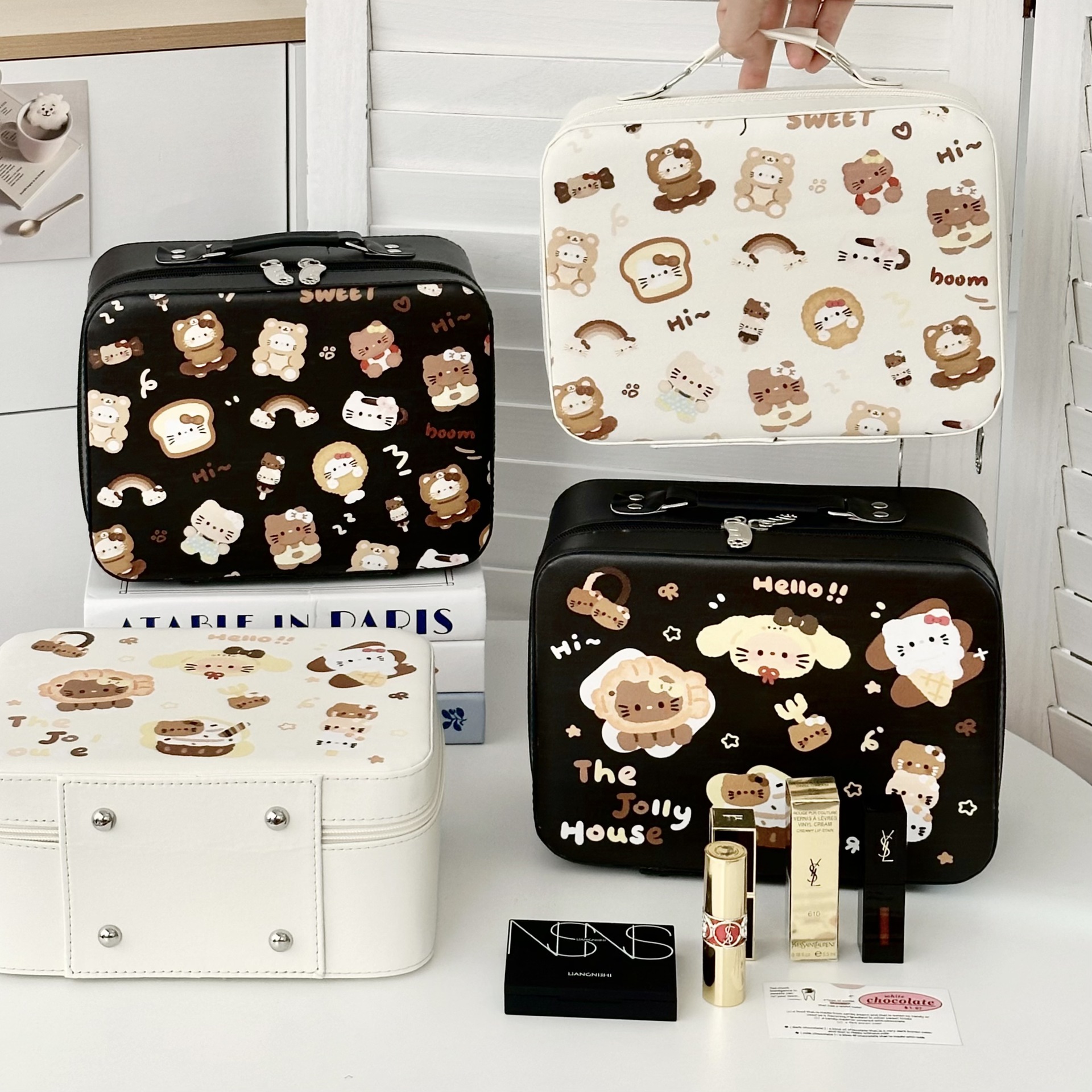 Cartoon cat makeup box, small suitcase, high appearance level makeup artist follow makeup, large capacity portable storage box with mirror full figure