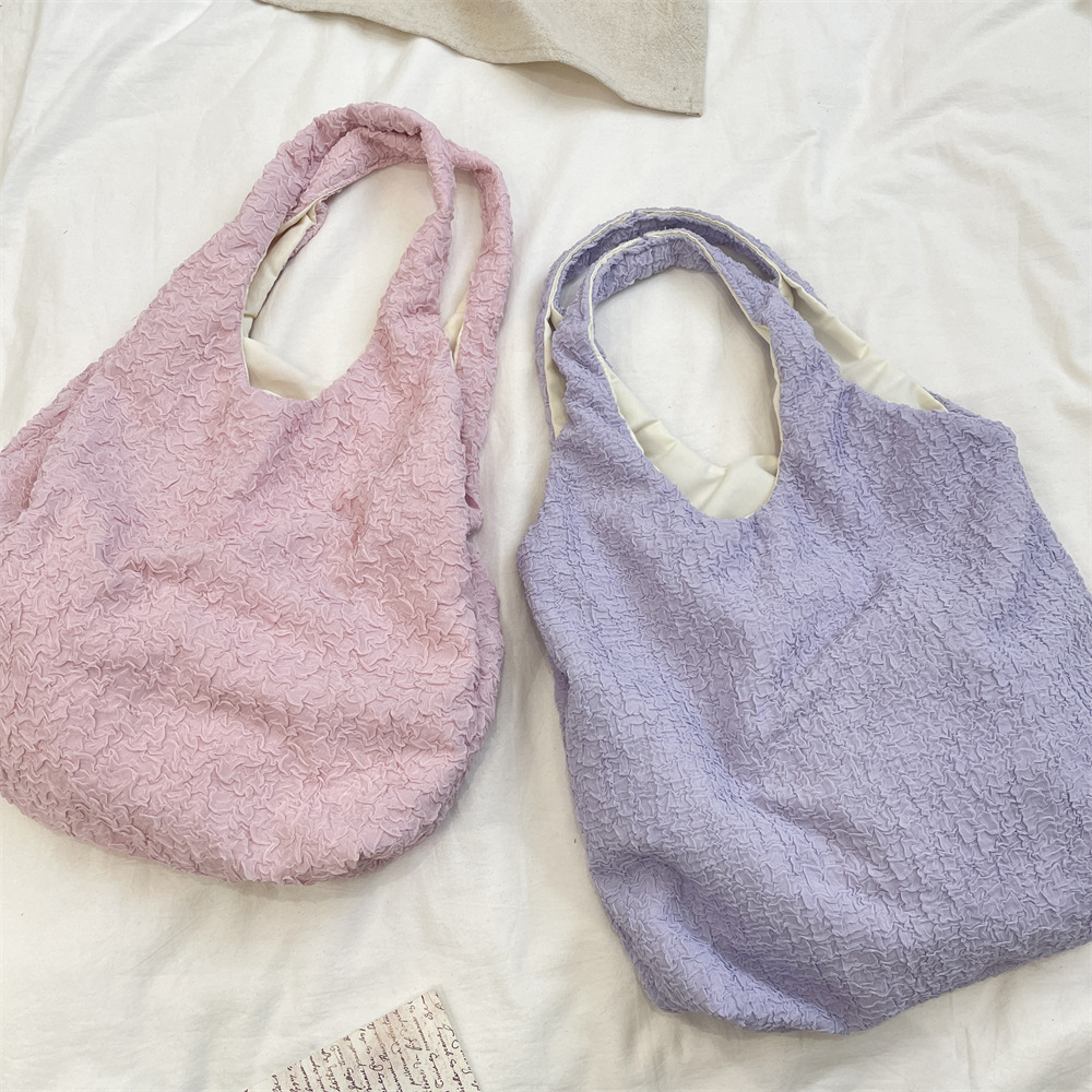 53241 Gentle solid color pleated summer new stylish Casual large-capacity single-shoulder tote canvas bag for women Specification drawing