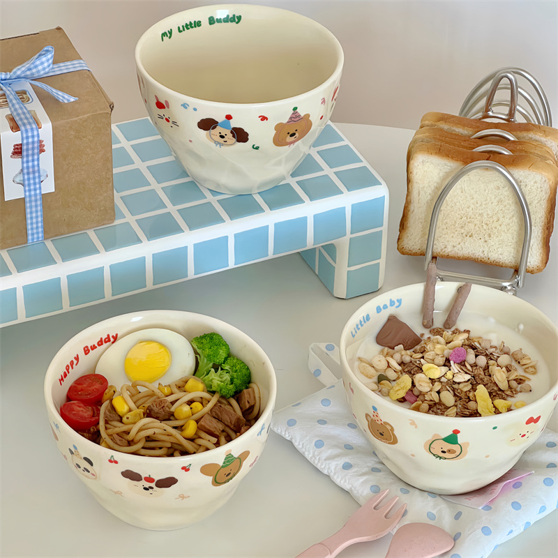 Cute cream-colored hand-molded ceramic bowl, high appearance level, matte rice bowl, household dessert bowl, breakfast bowl, small bowl for drinking soup full figure