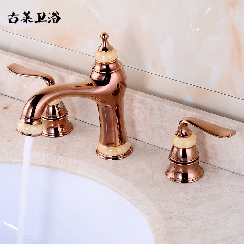 Gulai all-copper European-style three-hole washbasin faucet, jade gold washbasin, double-handle cold and hot water faucet, rose gold Application Scenario