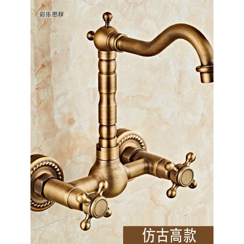European-style all-copper, ancient gold color, built-in, retro wooden bucket, double-hole kitchen, laundry sink, washbasin, rotating hot and cold water faucets details Picture
