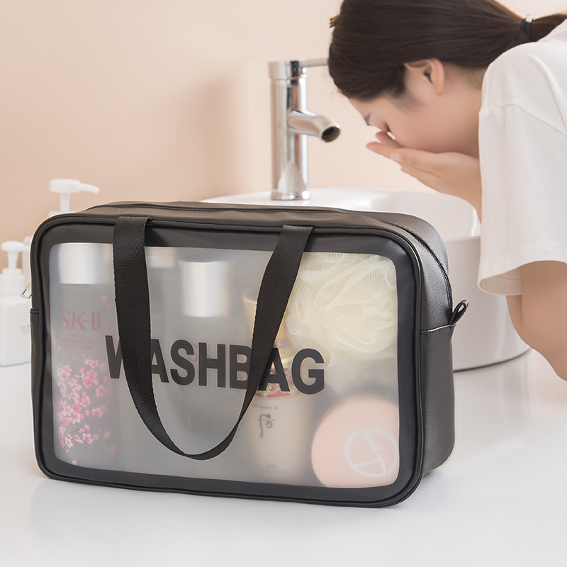 High-appearance-level hand-held waterproof letter cosmetic bag, storage bag wholesale, pu transparent toiletry bag, large capacity, high-end feel full figure