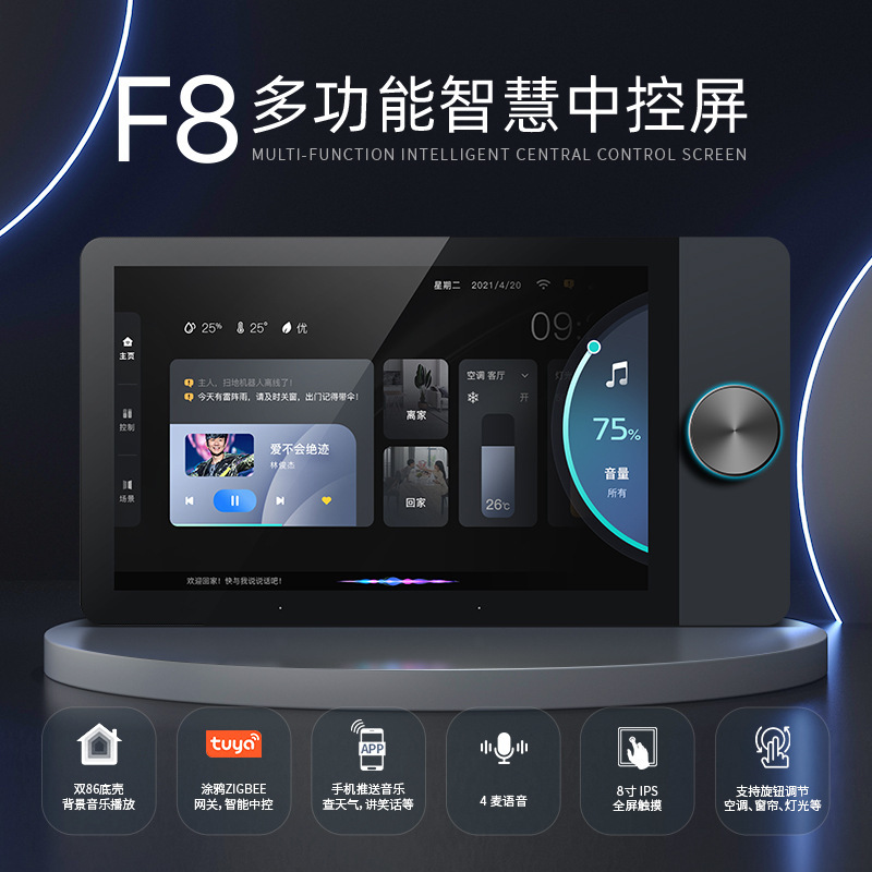 The 8-inch smart central control screen music host from Tuya comes with a gateway for smart home voice control of lights full figure