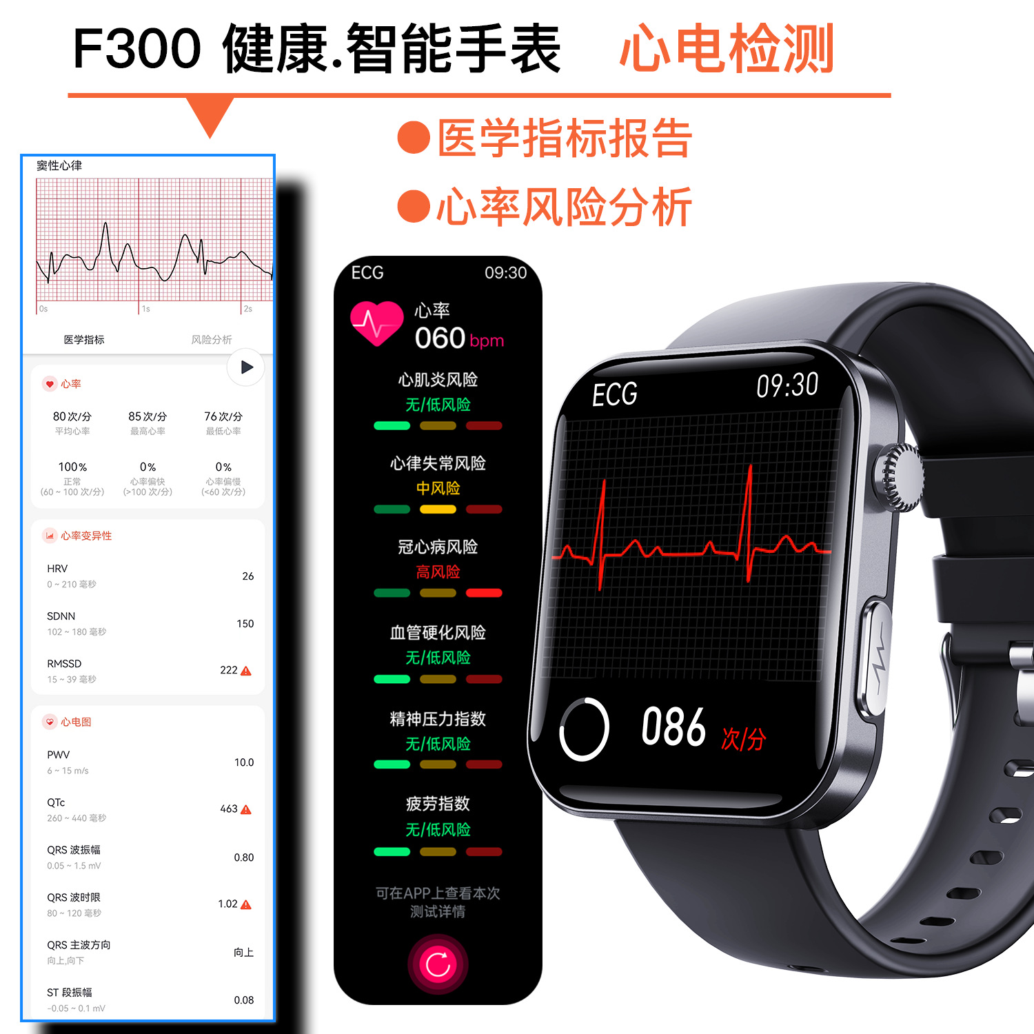 The cross-border foreign trade F300 smartwatch features multiple functions such as heart rate and blood pressure measurement, electrocardiogram recording, and heart health reminders Specification drawing