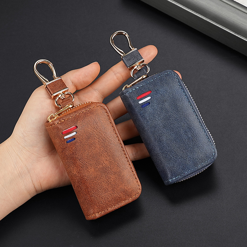Cross-border business pu leather zipper bag, men's business waist hanging key bag, women's multi-functional car universal key chain details Picture