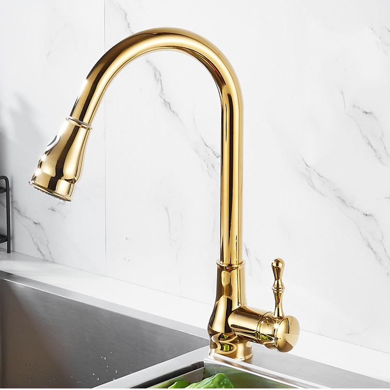 All-copper gold kitchen faucet, pull-out sink, hot and cold household telescopic rotating sink faucet Application Scenario