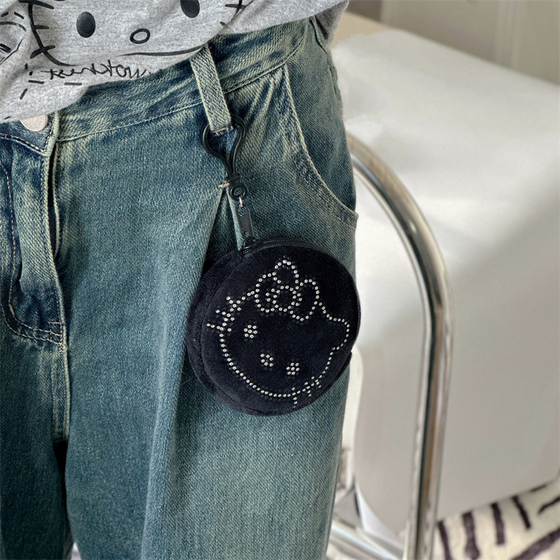 Japanese-style cute multi-head hot diamond kt coin purse, black high-end plush mini anti-drop storage case, key case, portable details Picture
