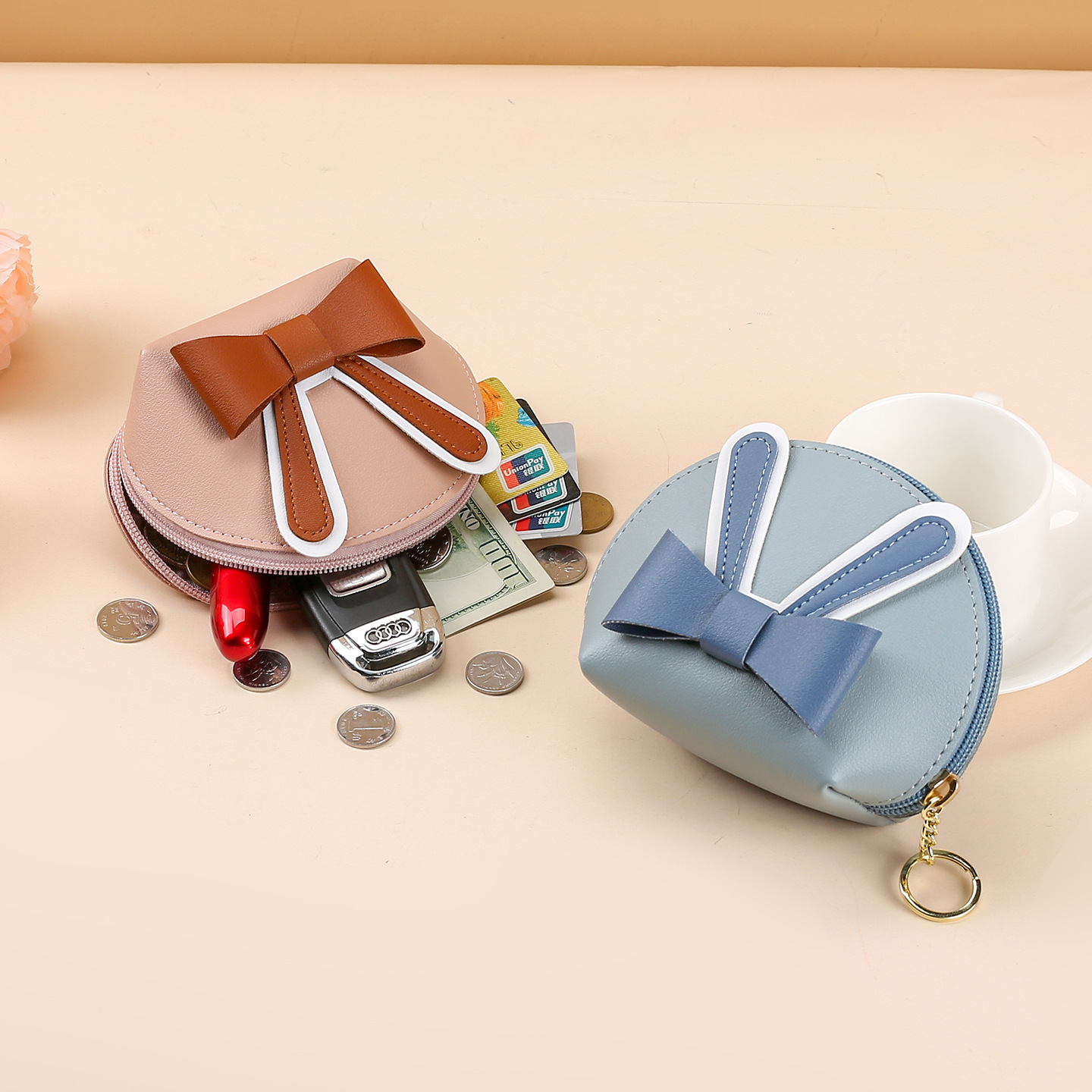 New Shangtu ear bow coin purse, pu leather earphone case, card case, keychain, zipper short gift details Picture