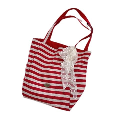 48302 High Appearance level Double-sided striped canvas bag 2024 New large-capacity casual commuting single-shoulder tote bag Item Picture