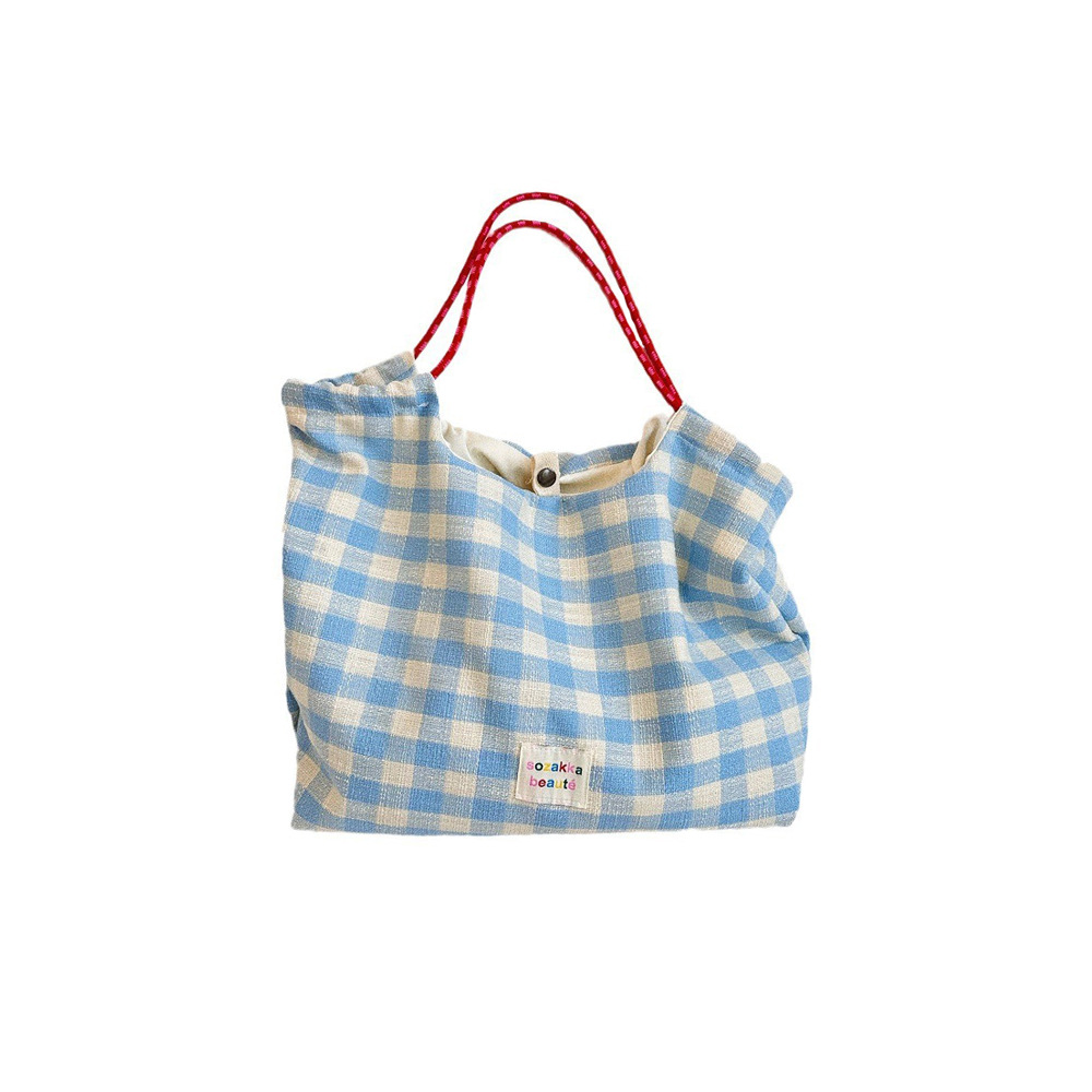 46201 ins Casual and Versatile checkered drawstring shoulder bag, large capacity tote bag, cream checkered commuter bag Item Picture