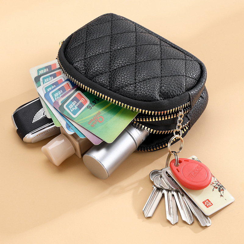 Factory direct sales of new diamond-shaped embroidered thread coin purse, keychain storage bag, double-zipper, large-capacity card case for women details Picture