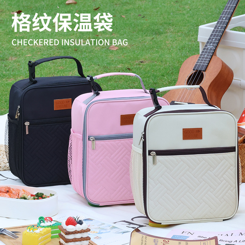 Cross-border Amazon checkered picnic bag, PEVA waterproof insulated bag, large-capacity insulated lunch box bag, hand-held bento bag details Picture