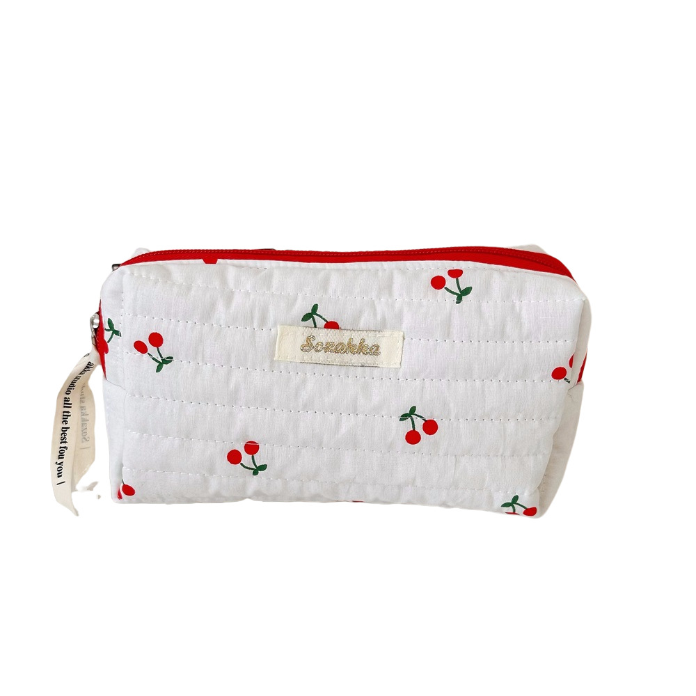 46182 Cute cherry print fabric toiletries bag, large-capacity portable travel storage bag, women's hand-held makeup bag Item Picture