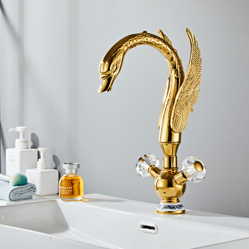 Faucet, golden swan basin, cold and hot water faucet, crystal handle, hotel bathroom, washbasin for washing face and washbasin full figure