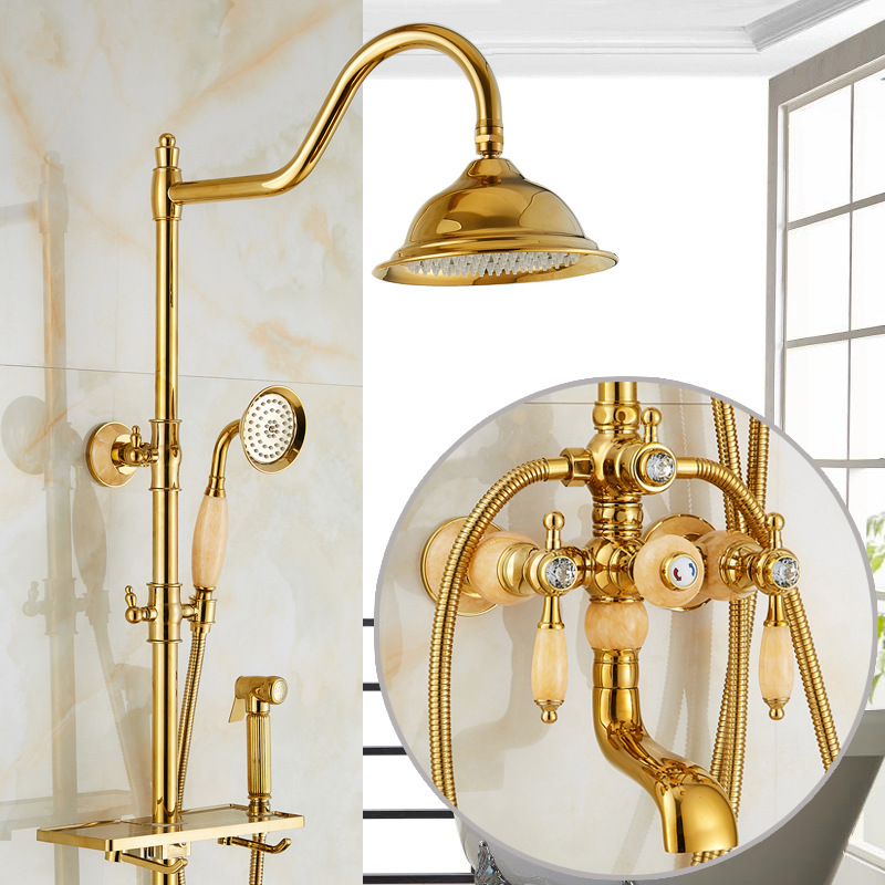 European-style shower head set, golden lapis lazuli marble shower head, antique faucet, all-copper mixing valve, retro style details Picture
