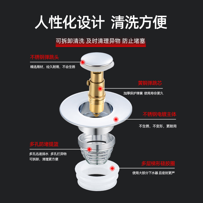Washbasin drain spring core, washbasin, sink, washbasin copper core, press-type spring core, leaky plug, universal Application Scenario