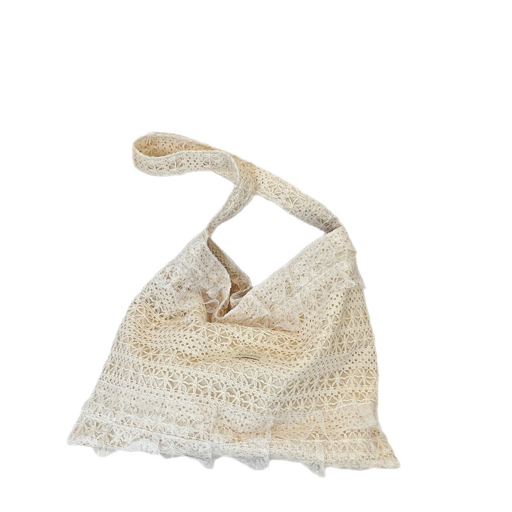 56281 Summer Casual Vacation single-shoulder Bag, ethereal lace canvas bag, large-capacity tote bag, Hollowed-out beach bag Item Picture