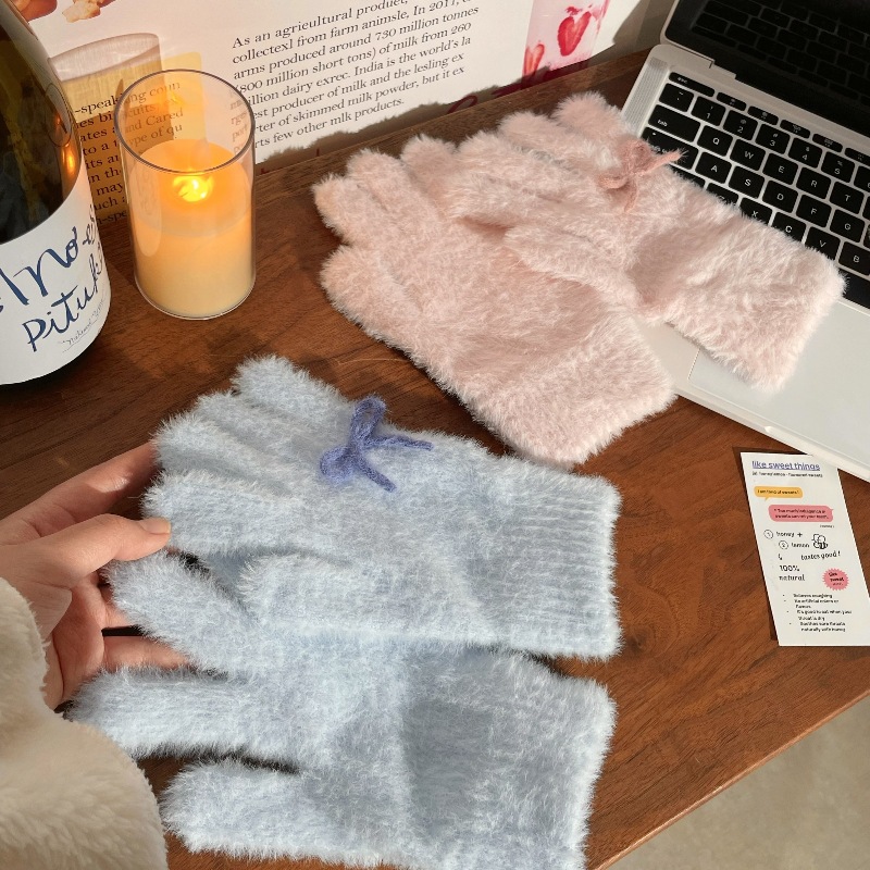 Winter gloves with bow, super warm gloves for women, thickened plush warm gloves, knitted Item Picture