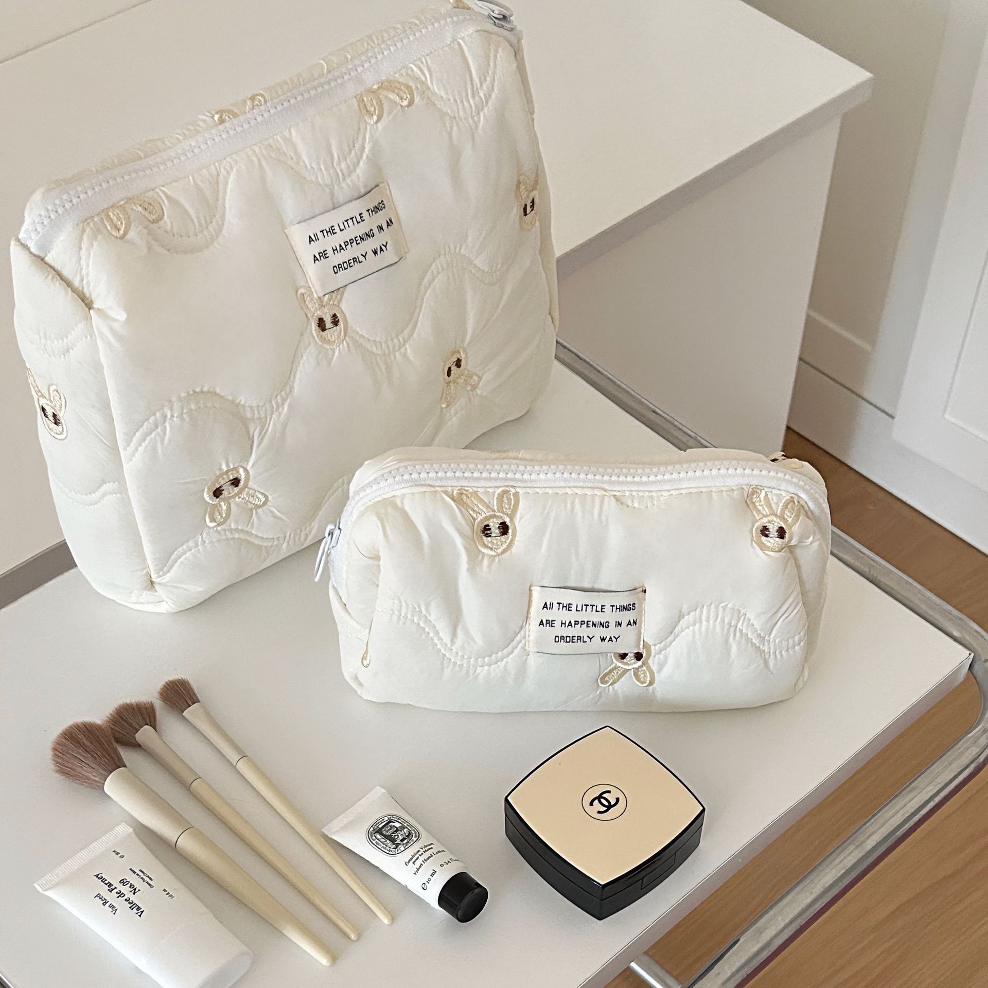 Cute embroidered rabbit makeup bag, ins style, simple and large-capacity travel cosmetics toiletry bag, storage bag for women details Picture