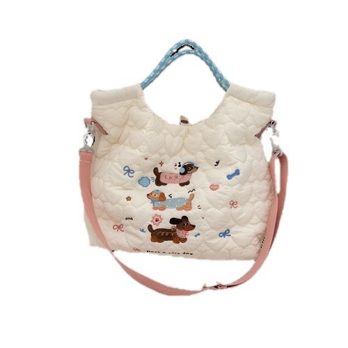 49272 cartoon-embroidered soft and cute crossbody bag, large-capacity single-shoulder handbag, quilted cotton commuting tote bag Item Picture