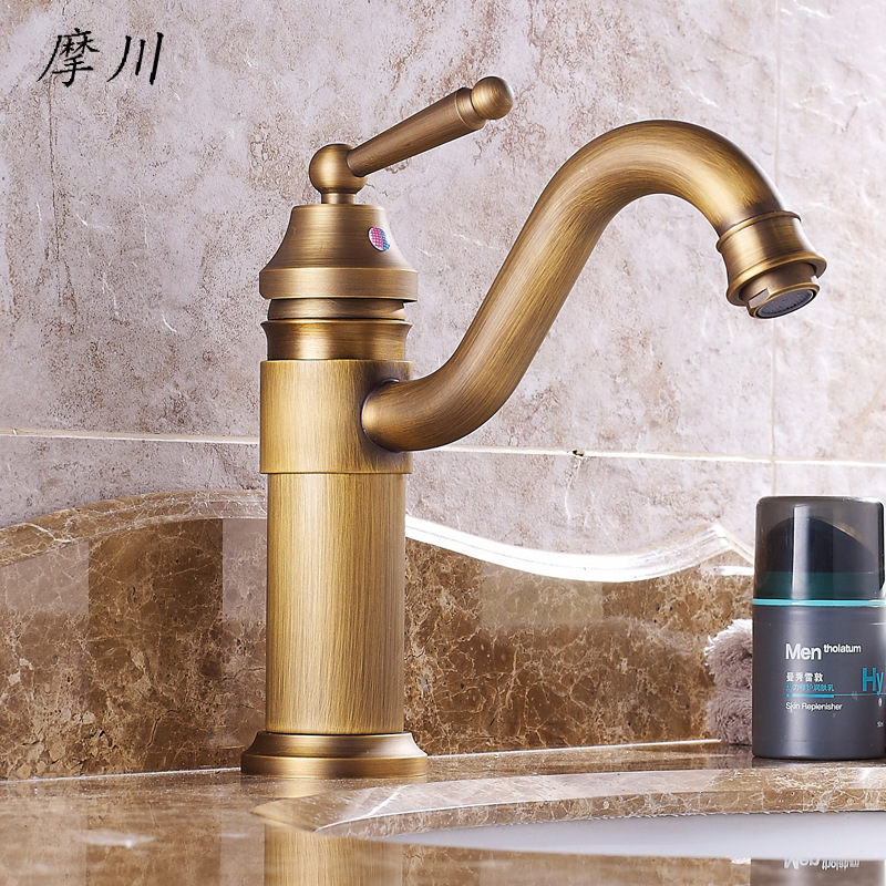 Brass European-style antique bathroom basin faucet, cold and hot single-hole washbasin with high countertop faucet details Picture