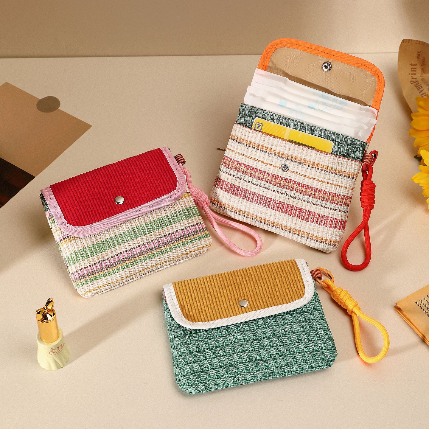 Color-blocking large-capacity sanitary napkin bag, high appearance level, sanitary napkin storage bag, student portable storage bag, coin purse Application Scenario